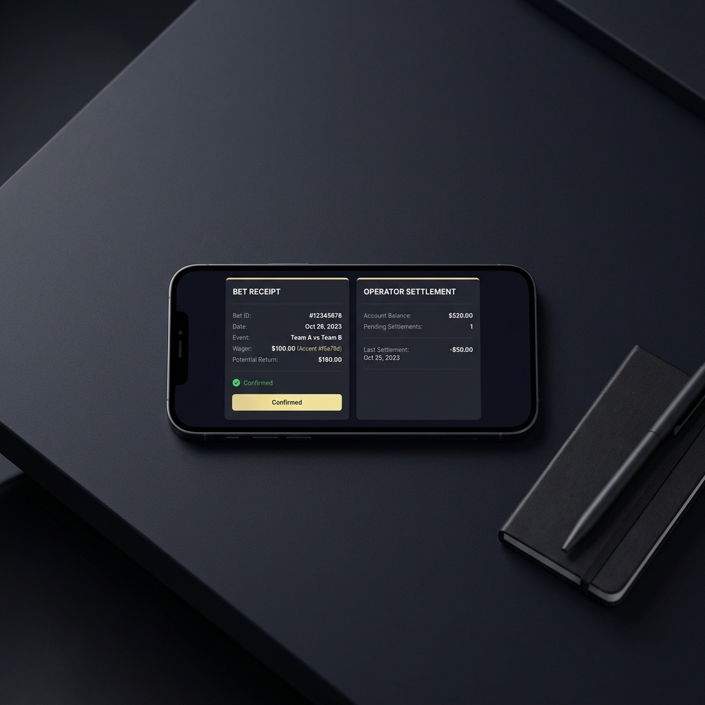 Close up smartphone showing bet receipt screenshot and operator settlement screen side by side with notepad and pen on dark minimalist Funded Plays background best odds guaranteed