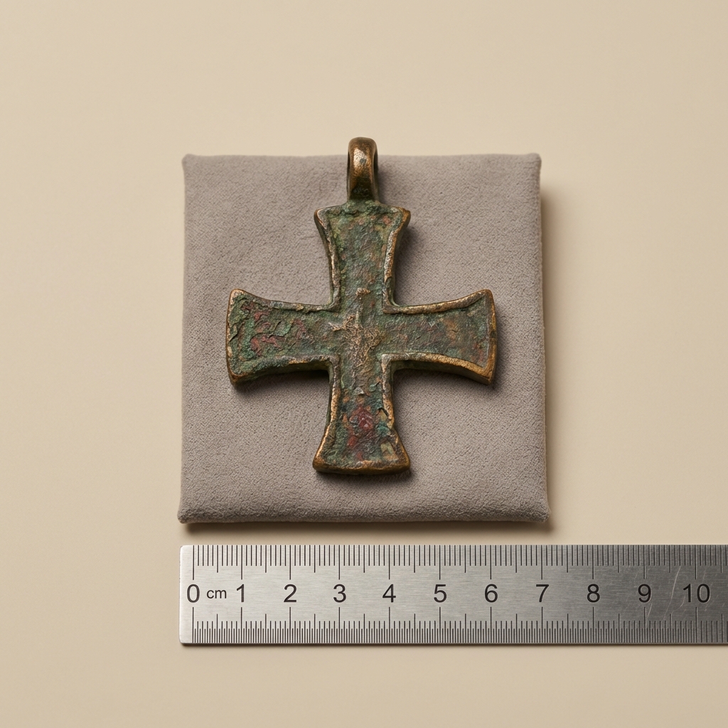 Close up of a medieval pendant bronze cross showing suspension loop and green brown patina beside a stainless steel ruler for scale on a beige background