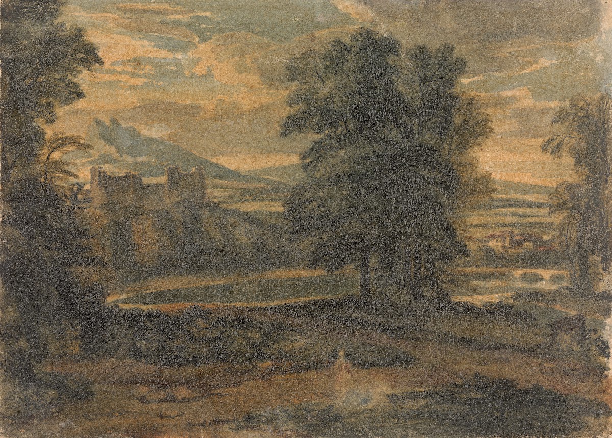 Landscape with Mountains Castle Trees and Lake