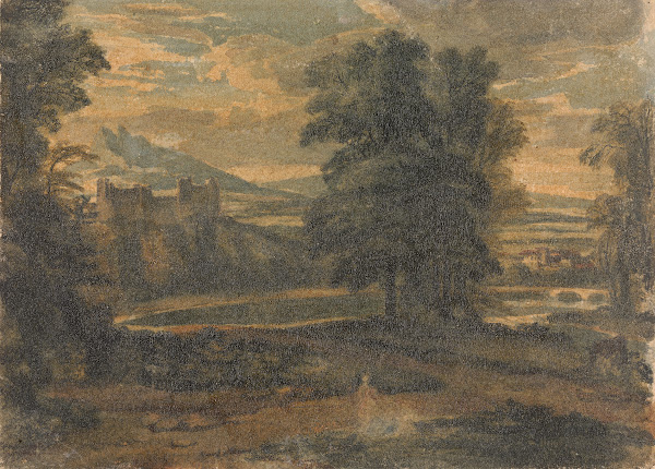 Landscape with Mountains Castle Trees and Lake