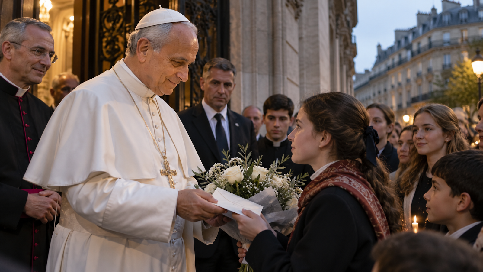 Leão XIV recebe carta e flores de jovem católica diante da Nunciatura em Paris, em reconstrução editorial realista.