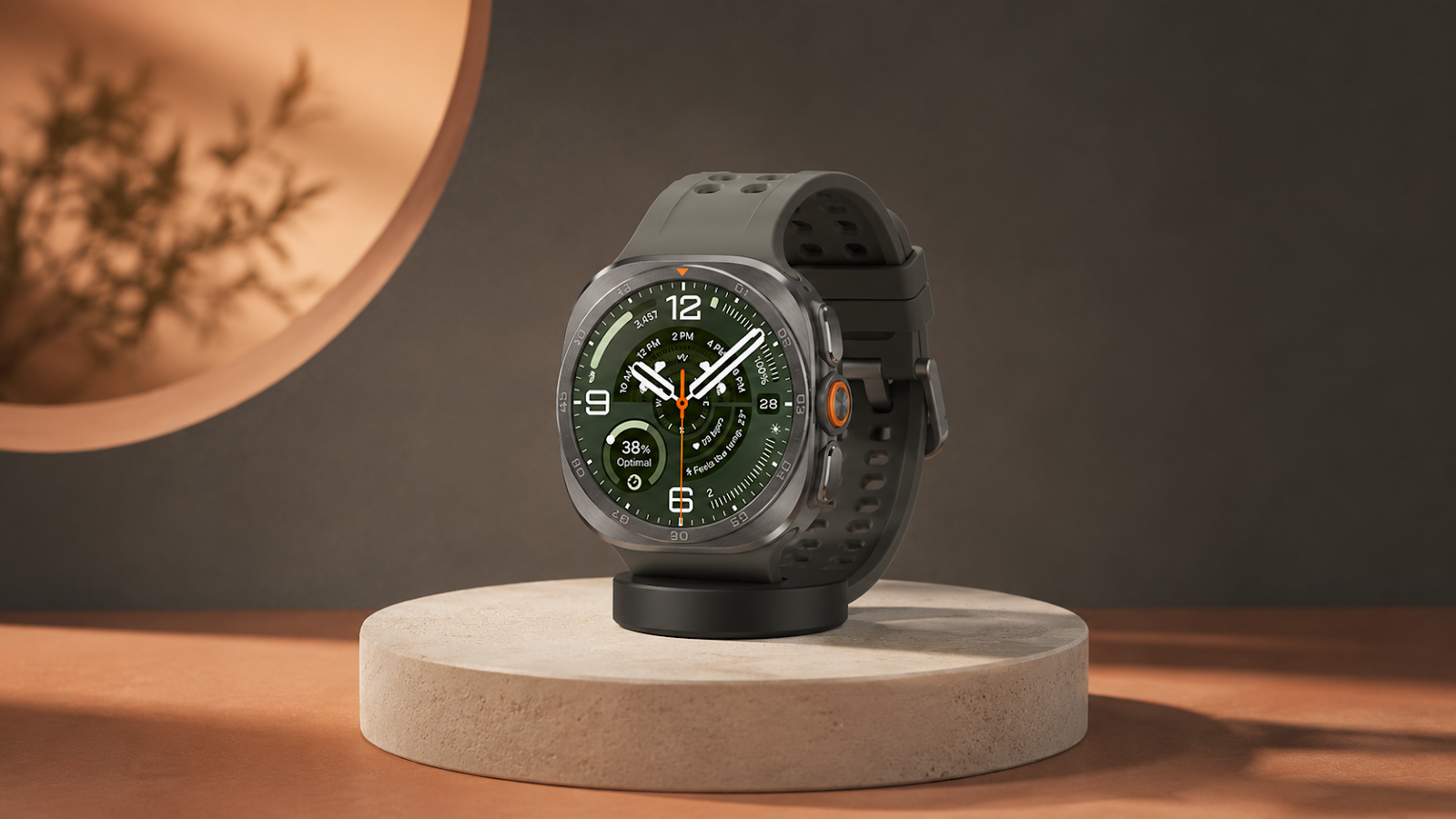 Samsung Galaxy Watch Ultra2 centrato sulla base di ricarica in un set editoriale caldo