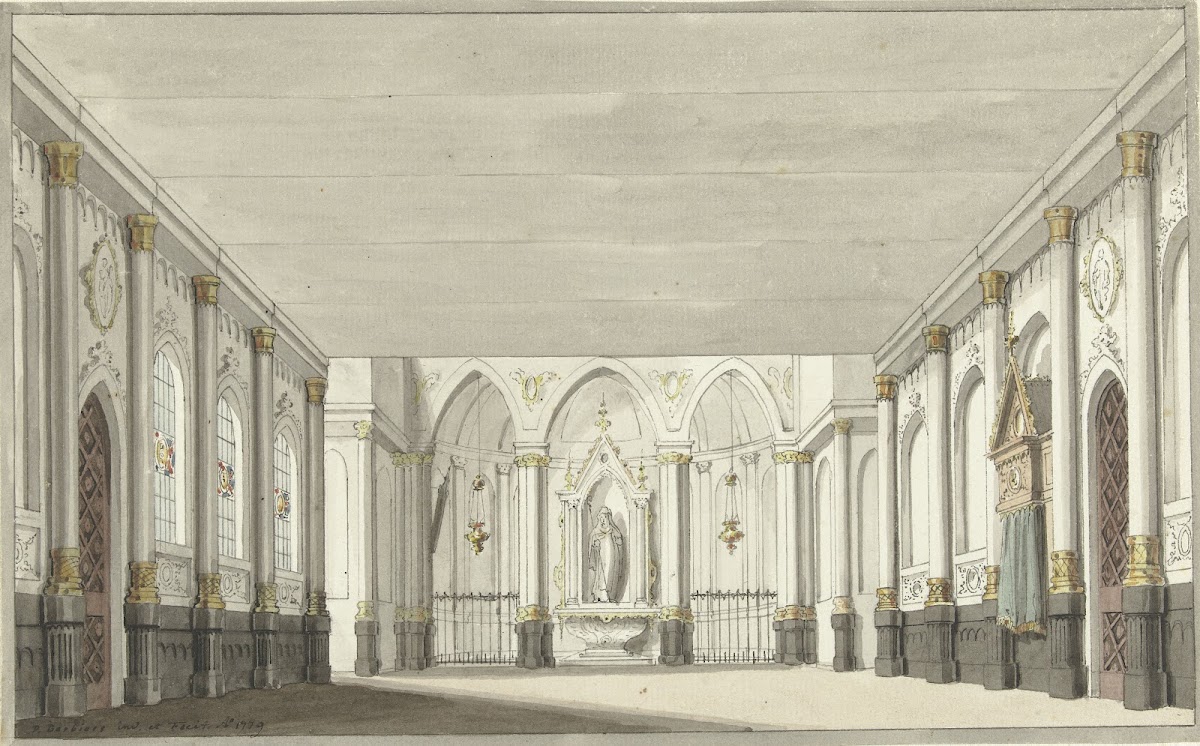 Ontwerp voor een toneeldecor van een kerkinterieur 1779