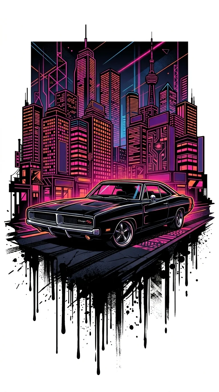 Stylized Black Classic Muscle Car against Neon City Skyline with Ink Drips - Free 4K mobile Wallpaper