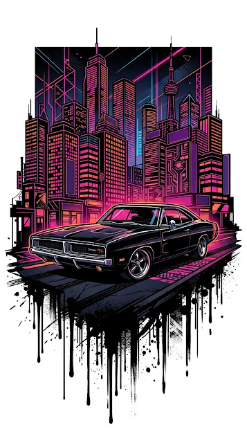 Stylized Black Classic Muscle Car against Neon City Skyline with Ink Drips - Free mobile Wallpaper