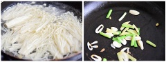 Thịt cá basa phi lê rửa sạch, cắt thành lát mỏng, nhỏ rồi ướp với tiêu và rượu nấu ăn trong 20 phút. Bắc một nồi nước lên bếp, thả nấm kim châm vào nấu cho chín tới. Trong nồi khác thì cho dầu vào làm nóng rồi thả tỏi, hành vào phi thơm.