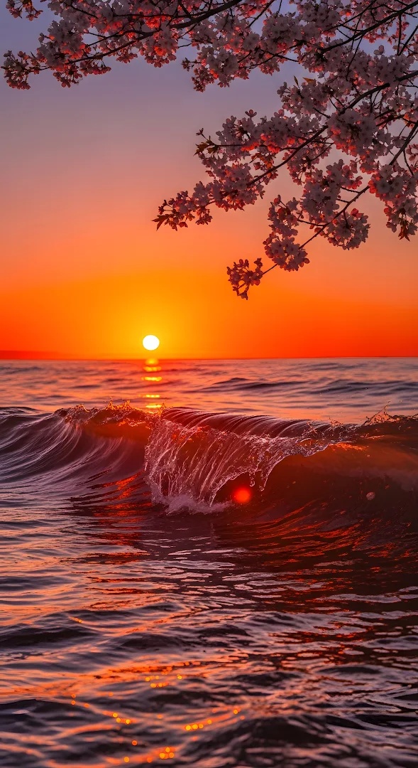 Sakura Branch Ocean Sunset Wave Orange Sky