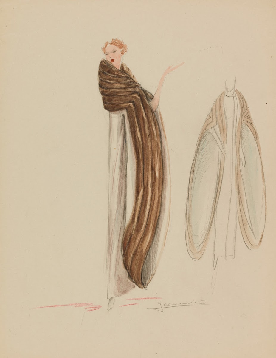 Manteau blanc à manches évasées bordées de fourrure brune 1938