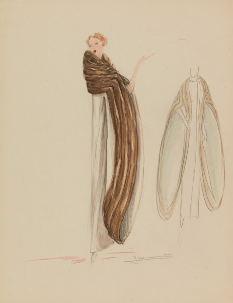 Manteau blanc à manches évasées bordées de fourrure brune 1938