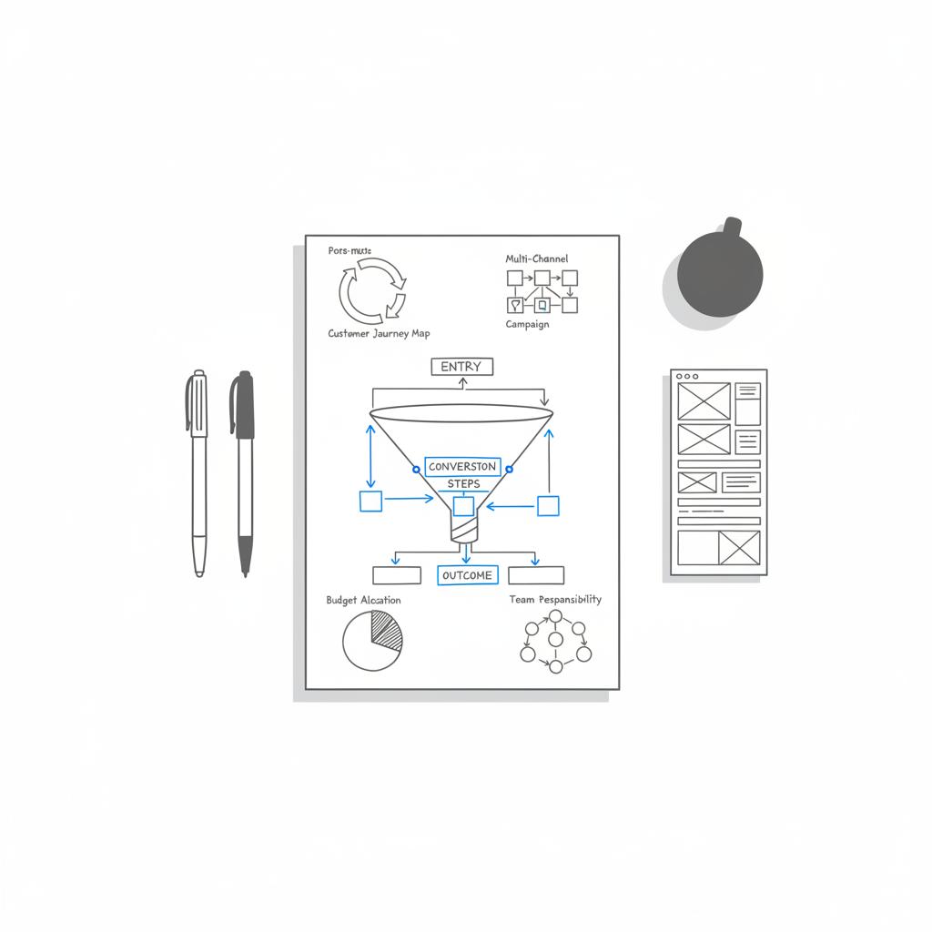Minimalist 2D vector flat-lay of a notebook page with a landing page funnel wireframe and supporting marketing diagrams for CPA Google Ads planning