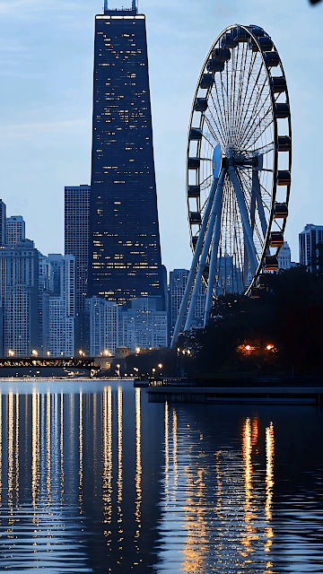 Chicago Skyline Ferris Wheel Reflection Blue Hour - Free mobile Wallpaper
