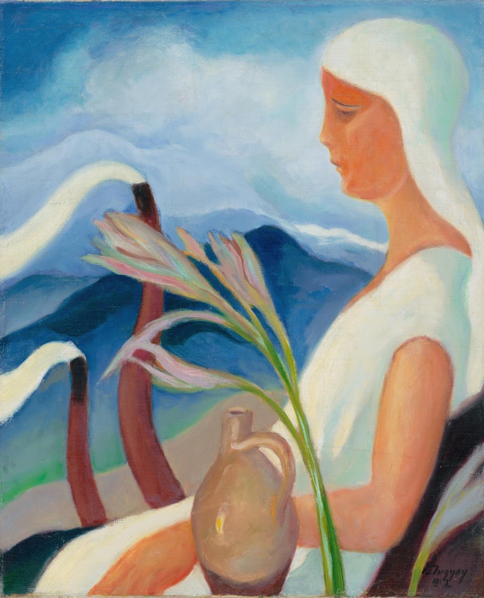 Girl in White with Factory Chimneys and Flowers 1932