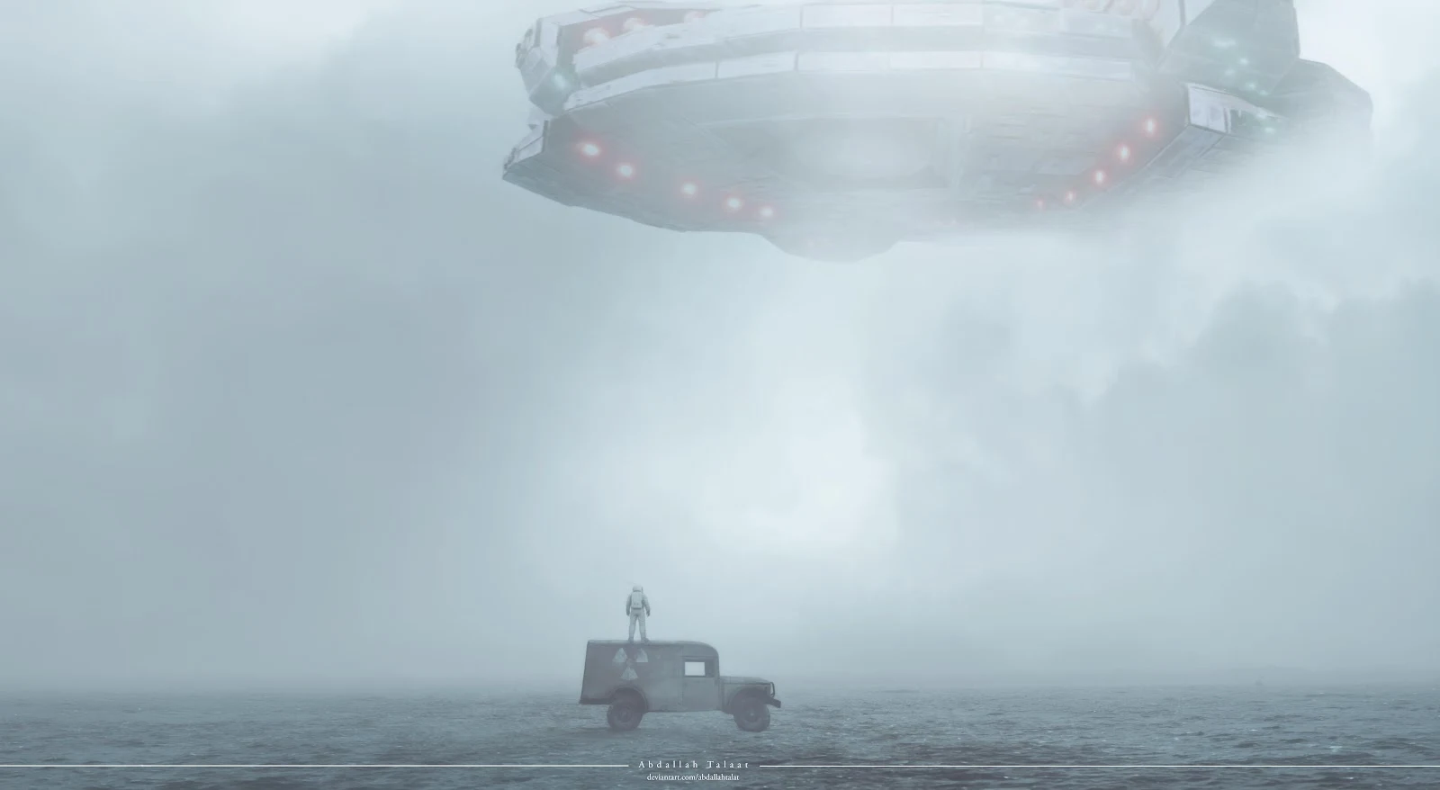Giant Spaceship Over Foggy Sea - Sci-Fi Concept Art 8K Wallpaper (9114x5000)
