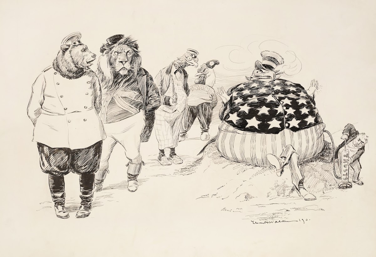 Animals representing Russia England France and an unidentified bird watch the Un