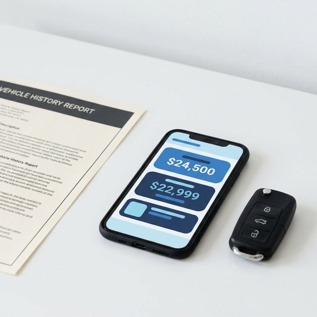 Close up of a printed vehicle history report next to a smartphone showing pricing labels and a key fob on a white table for kia telluride for sale