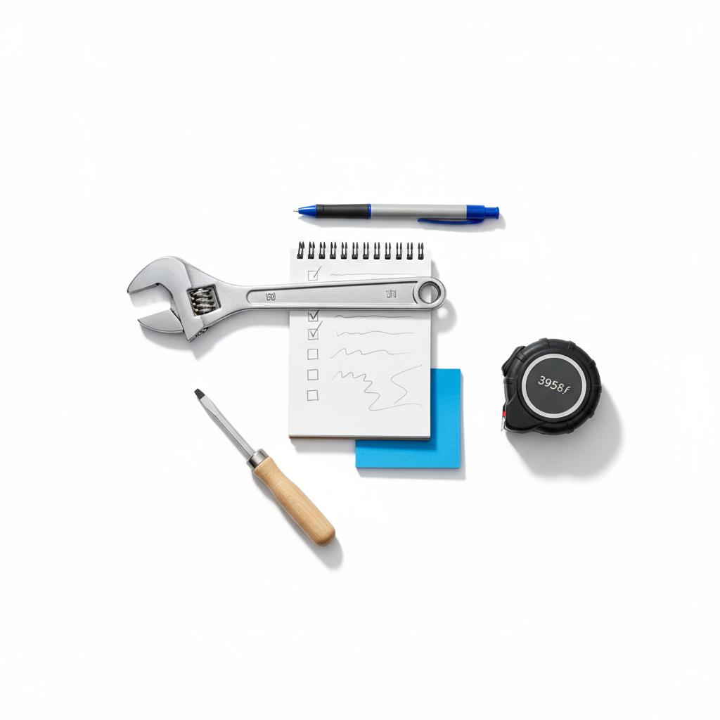 Minimalist flat-lay of contractor toolkit on white background with notepad checkboxes and blue #1a5bfb accents, illustrating Yelp ads for contractors.