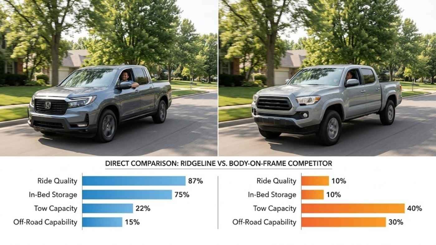 Honda Ridgeline versus body-on-frame competitor comparing ride quality, in-bed storage, towing, and off-road scores.