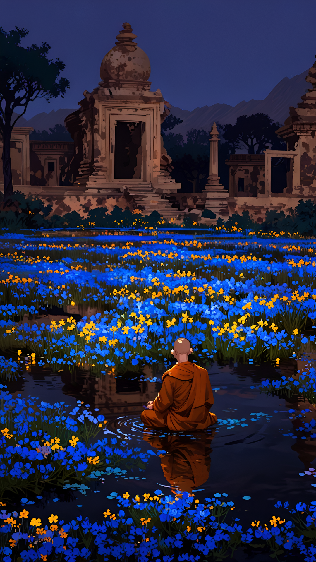 Monk Meditating in Blue Flower Field Ancient Temple Ruins - Free 4K mobile Wallpaper