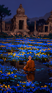 Monk Meditating in Blue Flower Field Ancient Temple Ruins