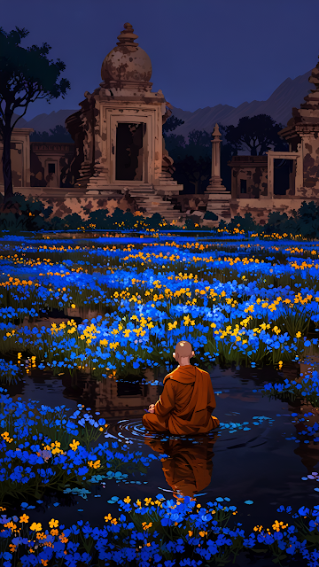 Monk Meditating in Blue Flower Field Ancient Temple Ruins - Free mobile Wallpaper