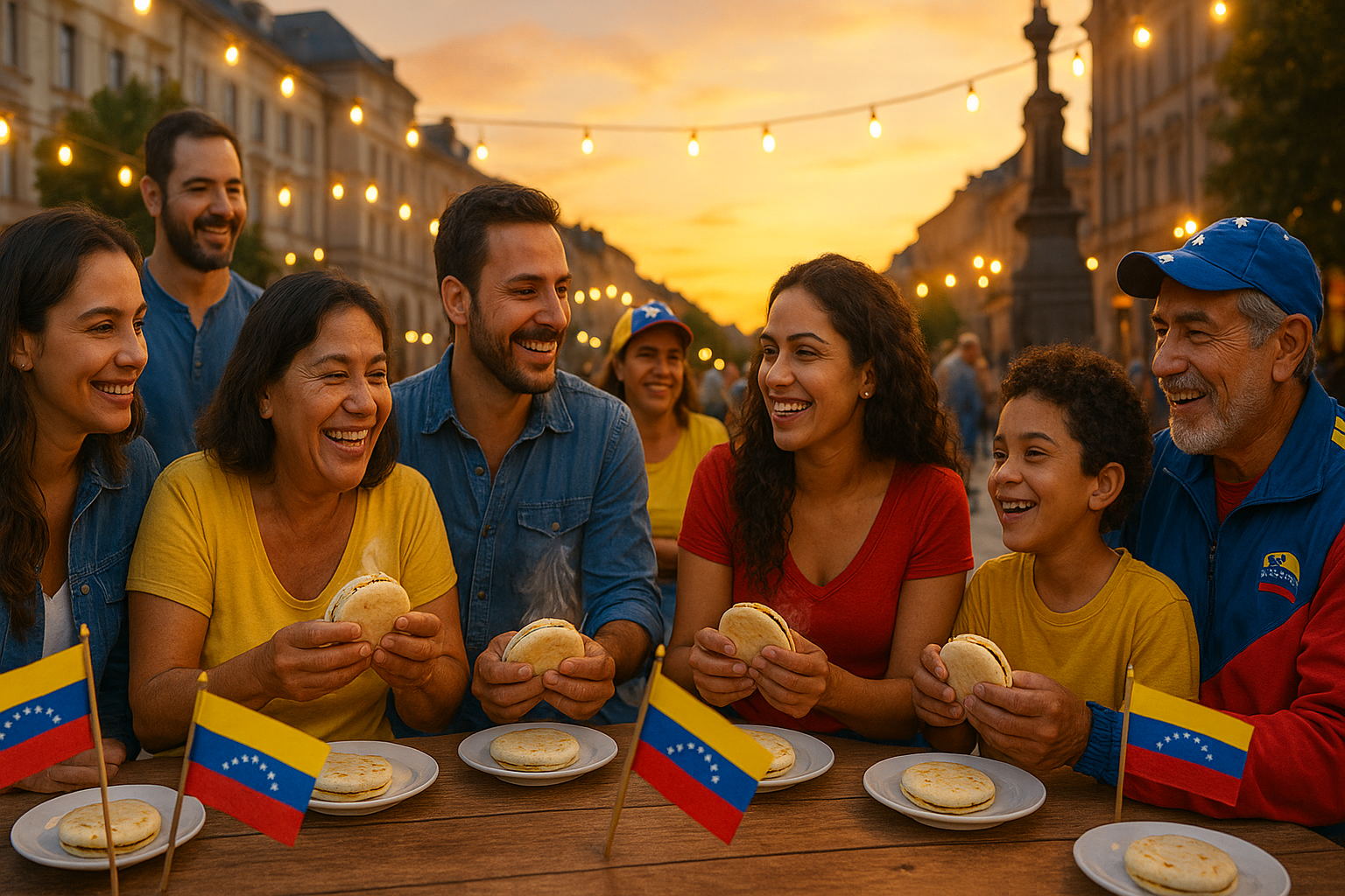 Venezolanos de distintas edades compartiendo arepas en una plaza urbana