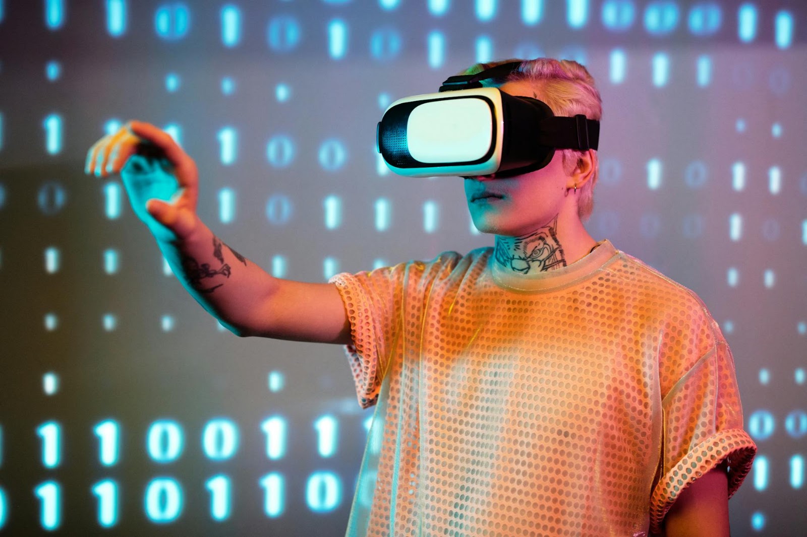 Customer interacting with augmented reality for AI virtual try-on in a modern retail store.