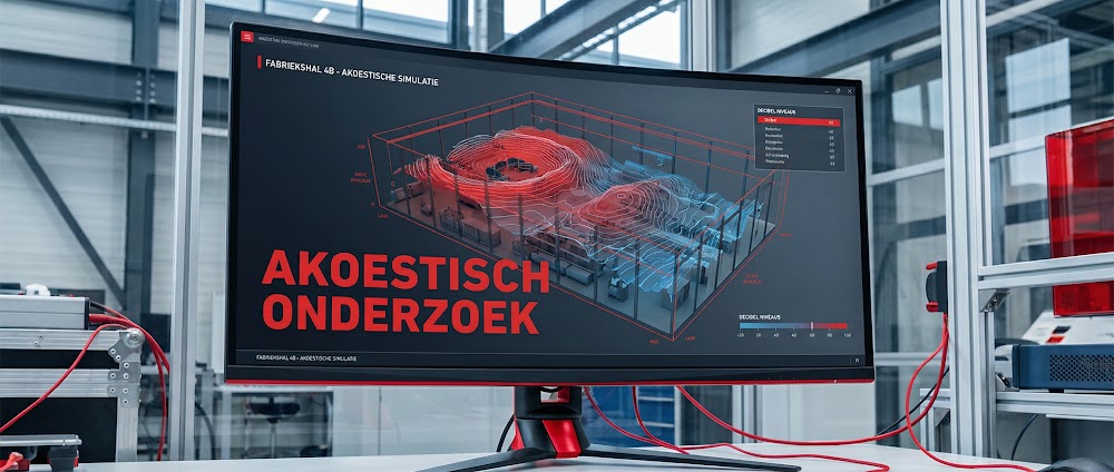 Een computer monitor toont een 3D akoestische heatmap van een fabriek met de tekst 'AKOESTISCH ONDERZOEK'.
