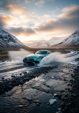 Luxury Sports Car Snowy Mountain Splash