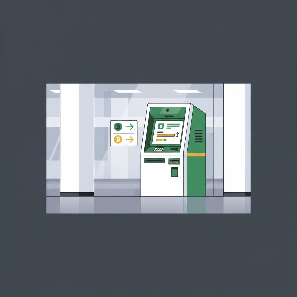 Minimalist 2D vector of a Bitcoin ATM kiosk in a well lit public space showing a pictogram fee indicator and signage no people best way to buy cryptocurrency