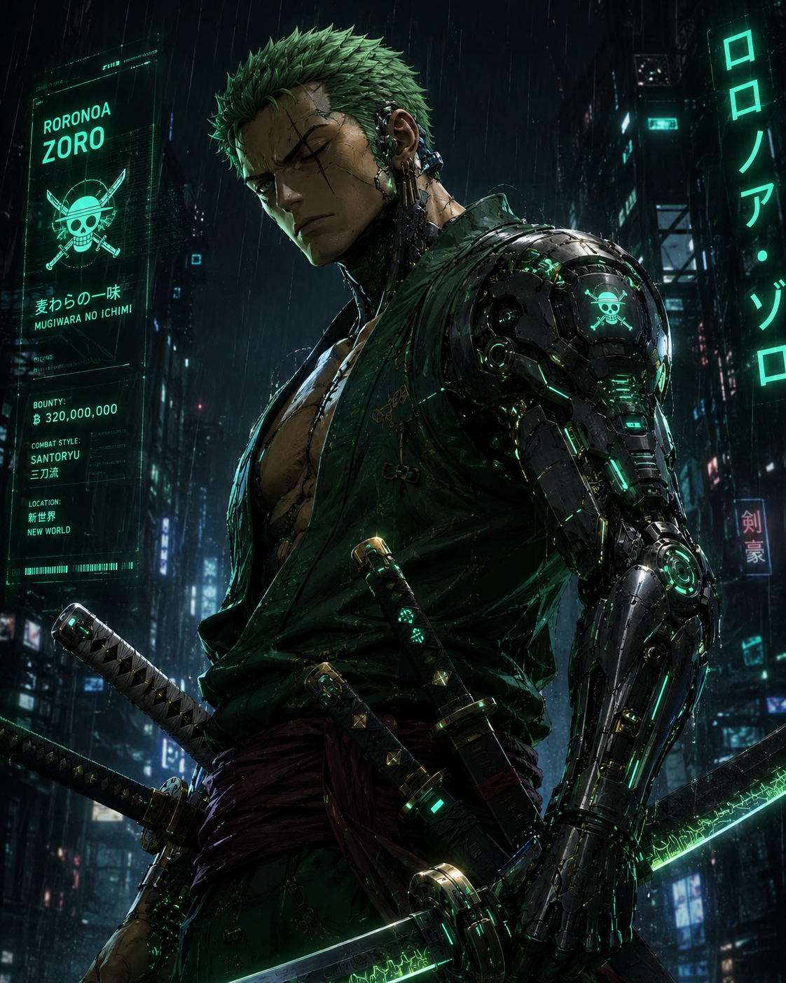 Cyberpunk Roronoa Zoro Anime Wallpaper 4K