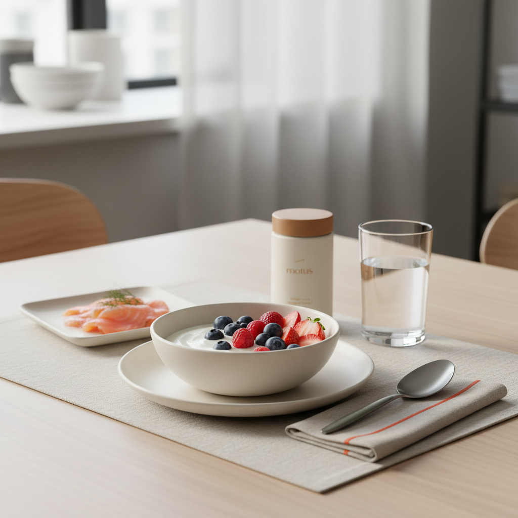 Minimalist breakfast scene with Tonum Motus supplement jar beside Greek yogurt with berries and smoked salmon, illustrating best protein for losing belly fat and healthy weight-loss nutrition.