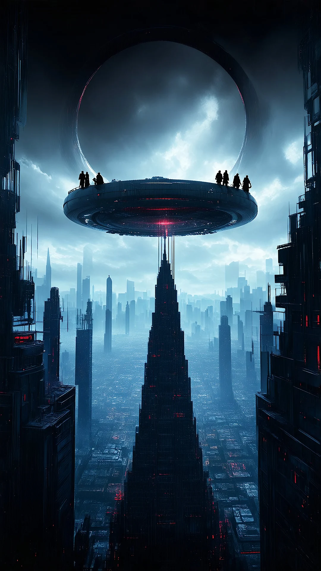 Futuristic City Under Floating UFO with Figures - Free 4K mobile Wallpaper