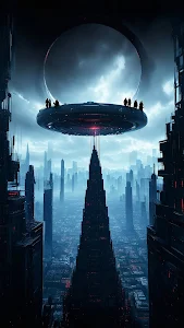 Futuristic City Under Floating UFO with Figures