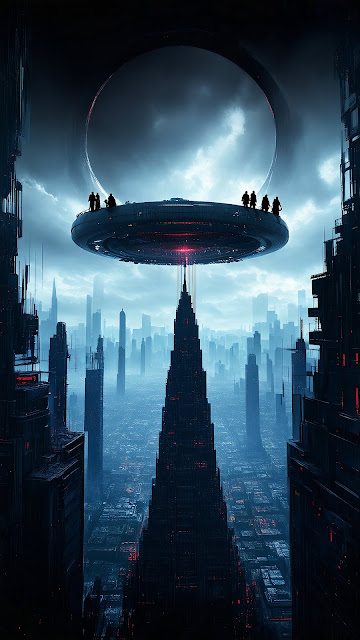 Futuristic City Under Floating UFO with Figures - Free mobile Wallpaper