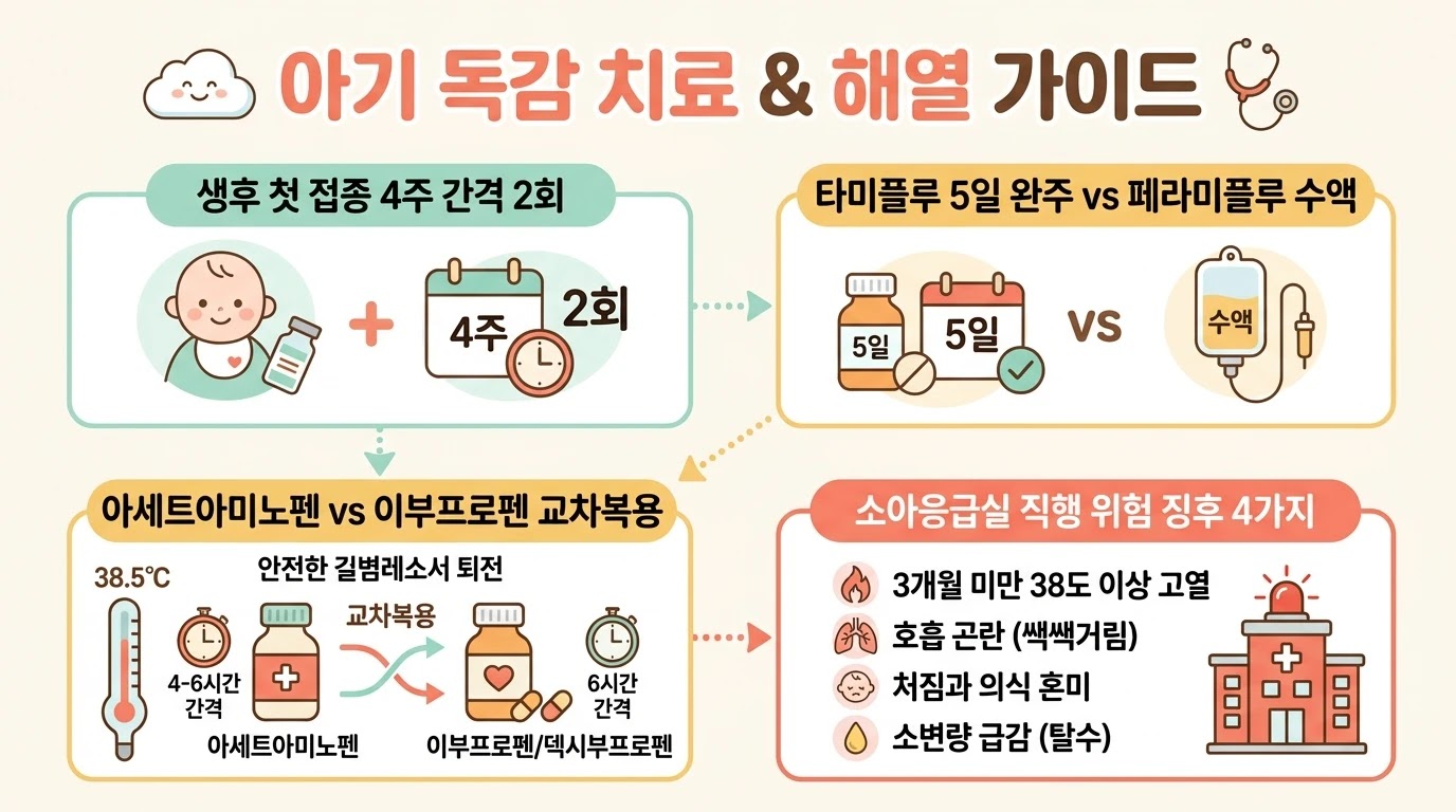 아기 독감 치료 및 해열제 교차복용 소아응급실 직행 기준 인포그래픽