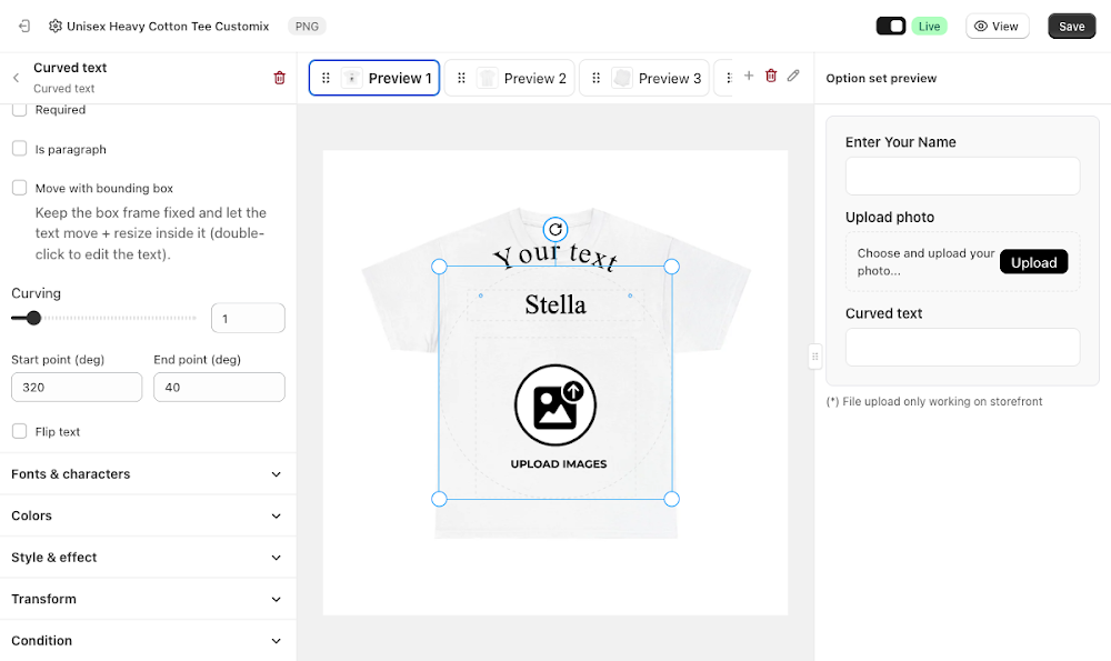 Curving slider, Start point and End point degree fields, and Flip text checkbox