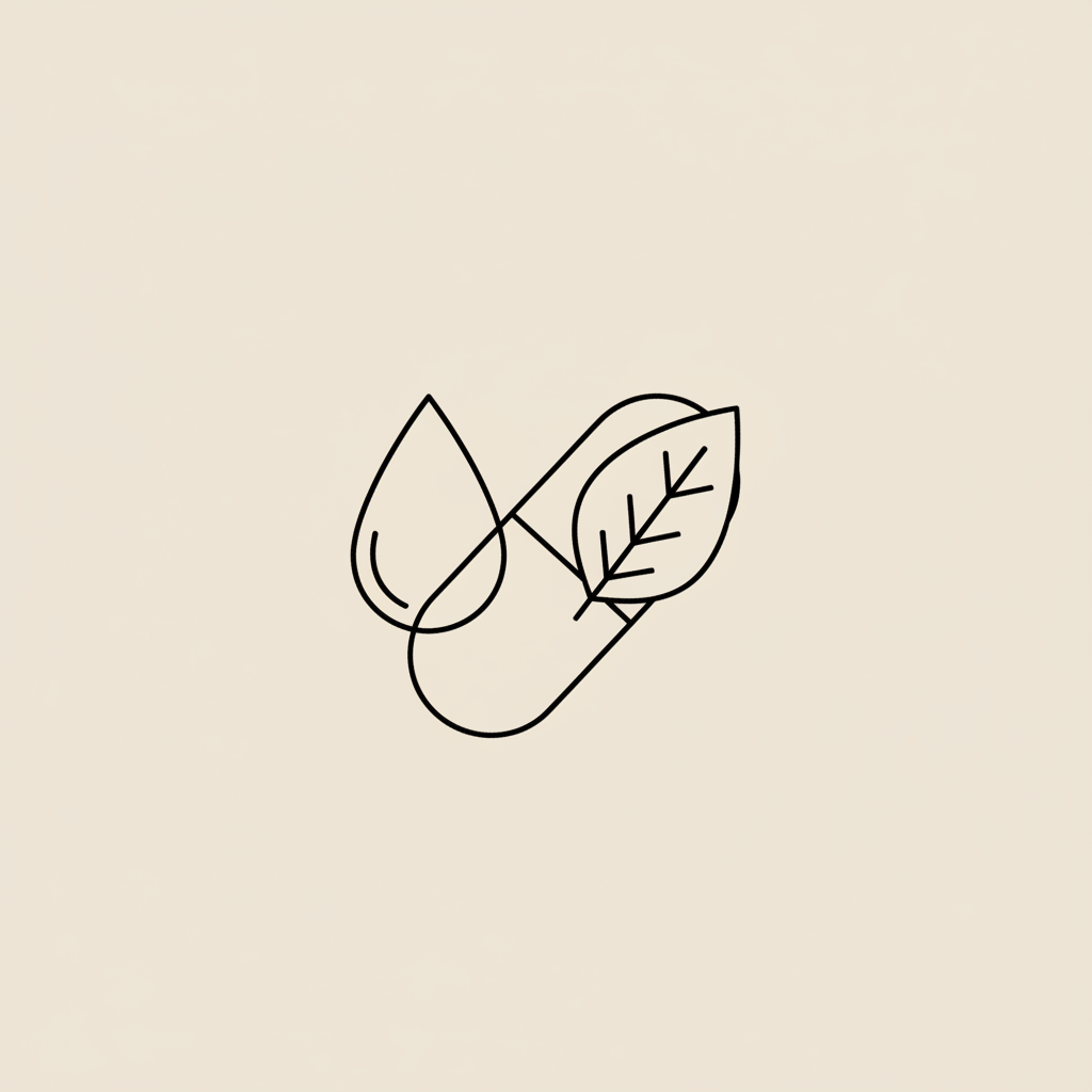Minimalist Tonum-style line illustration of a capsule, water droplet, and leaf on beige background representing vitamin for brain fog and natural hydration