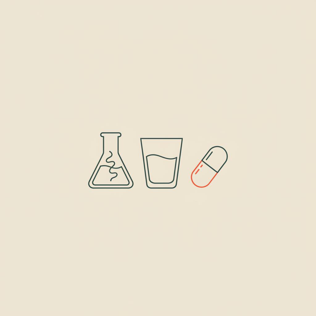 Minimalist Tonum-style line illustration of a glass of water, beaker-shaped smoothie and small capsule on beige background — best drink to curb your appetite