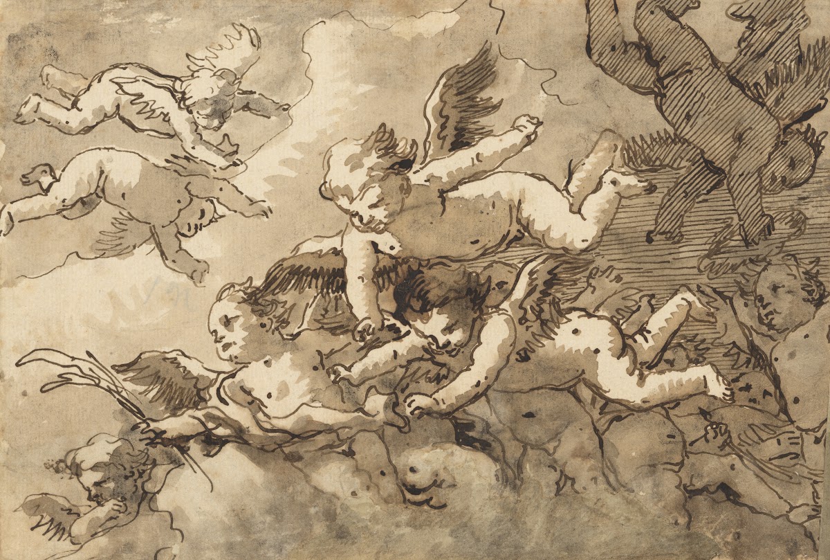 A Flock of Winged Cherubs in the Sky One Holding a Martyrs Palm ca 177090