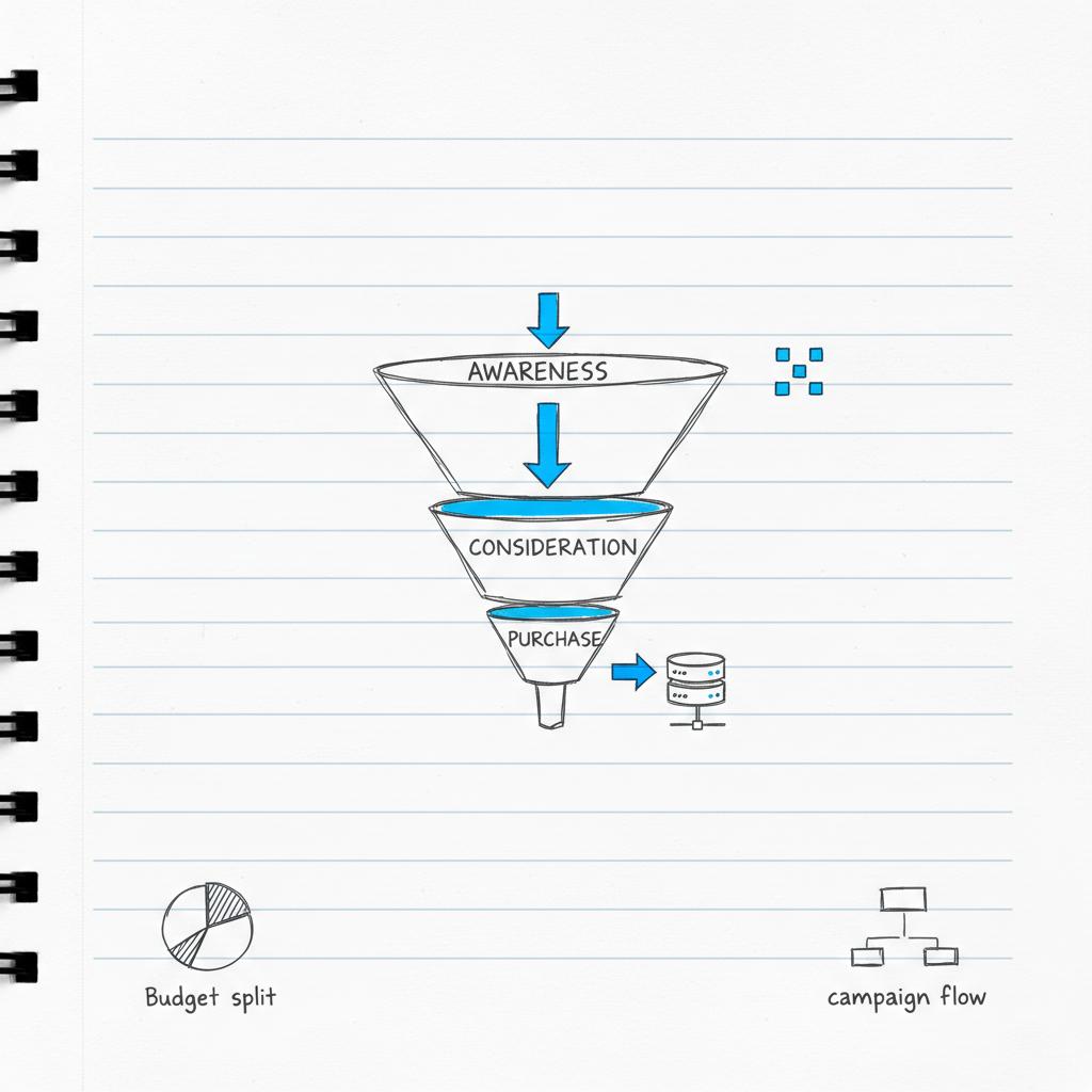Minimal hand-drawn notebook funnel sketch with pixel and server event icons illustrating how to calculate CPA in meta ads, clean white background, brand-blue highlights