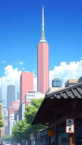 Anime City Street with Traditional Roof and Pink Skyscraper
