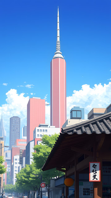 Anime City Street with Traditional Roof and Pink Skyscraper - Free mobile Wallpaper