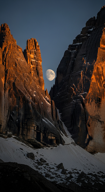 Jagged Rocky Mountain Peaks with Alpenglow and Obscured Moon - Free mobile Wallpaper