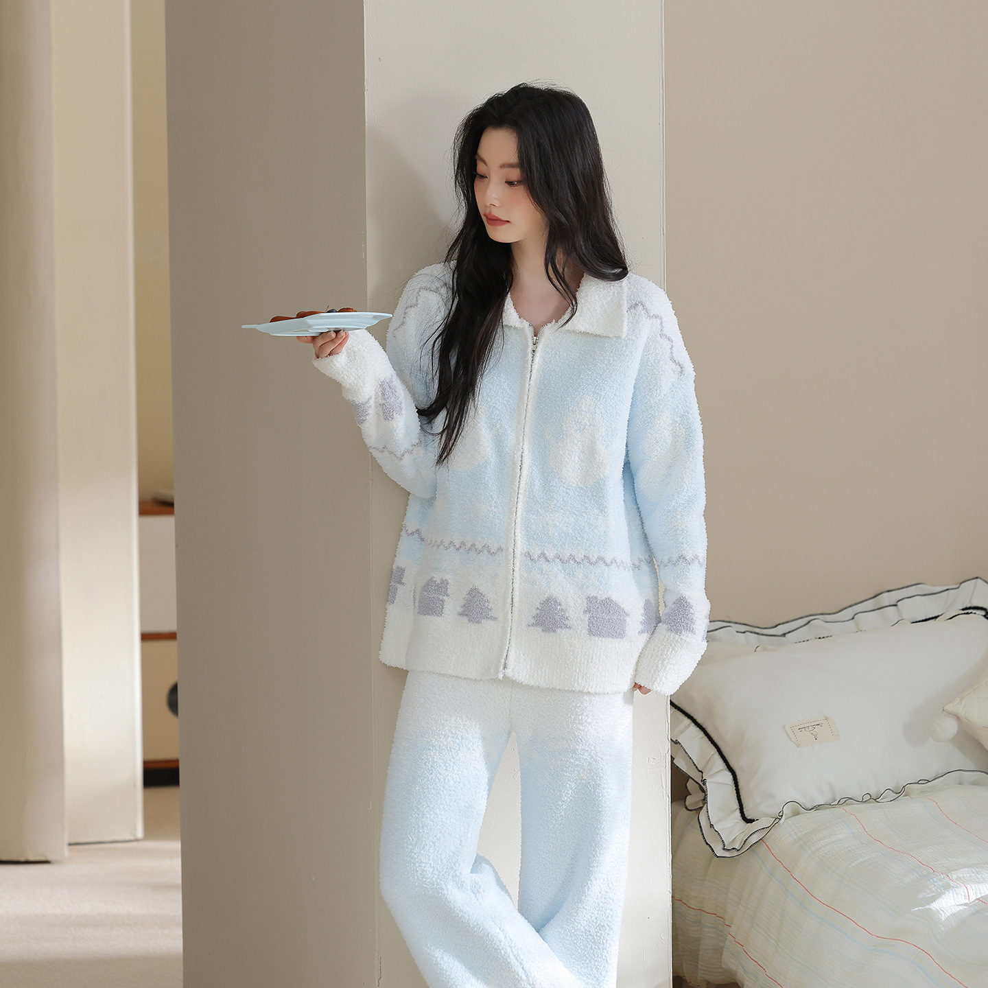 Women's zip-up loungewear with blazer collar