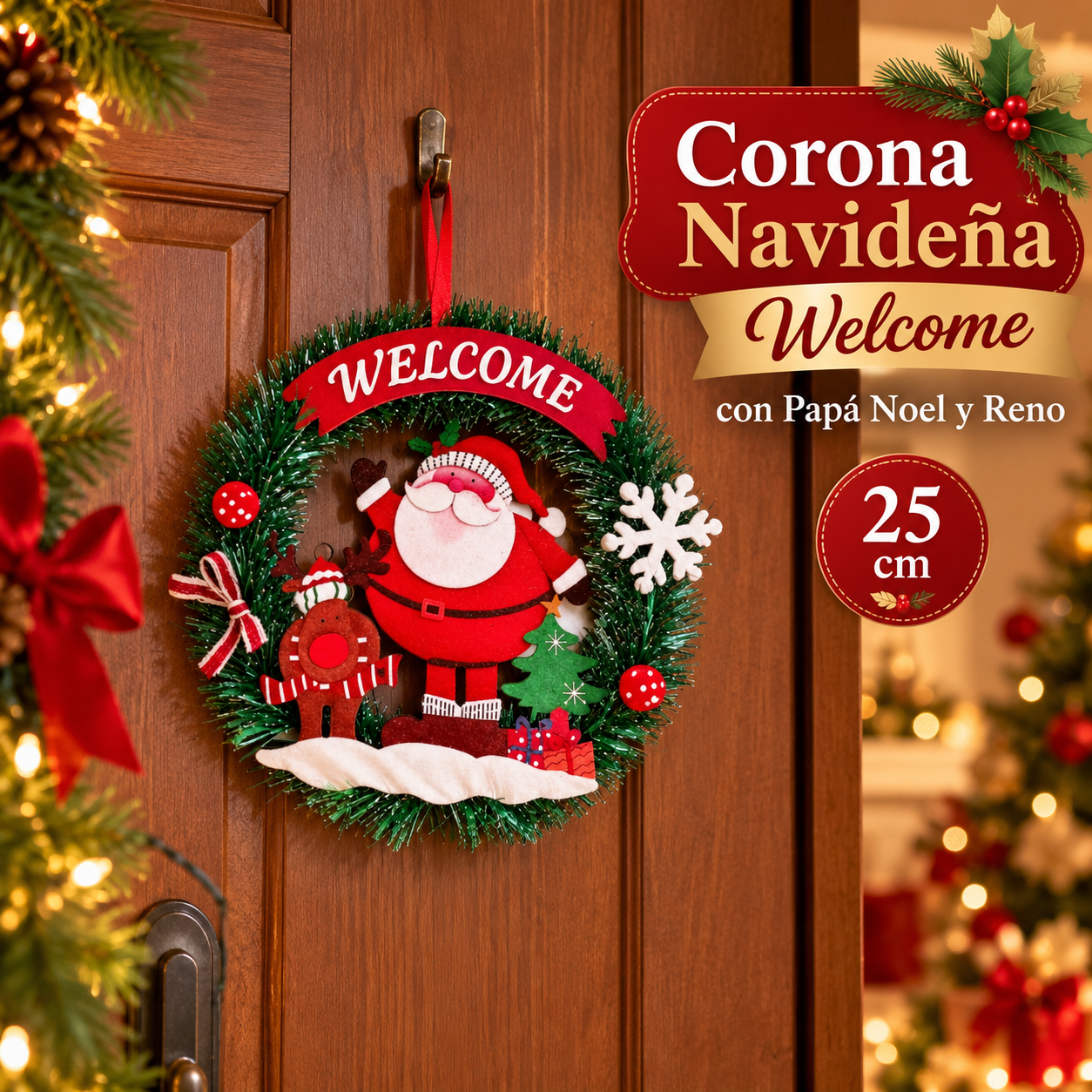 Corona navideña Welcome con Papá Noel y reno 25 cm