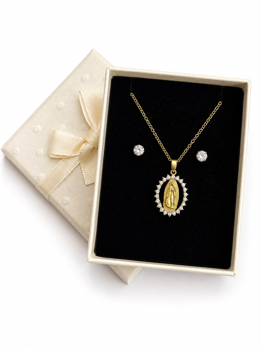 Set De Collar Medalla Virgen De Guadalupe Y Aretes Punto De Luz