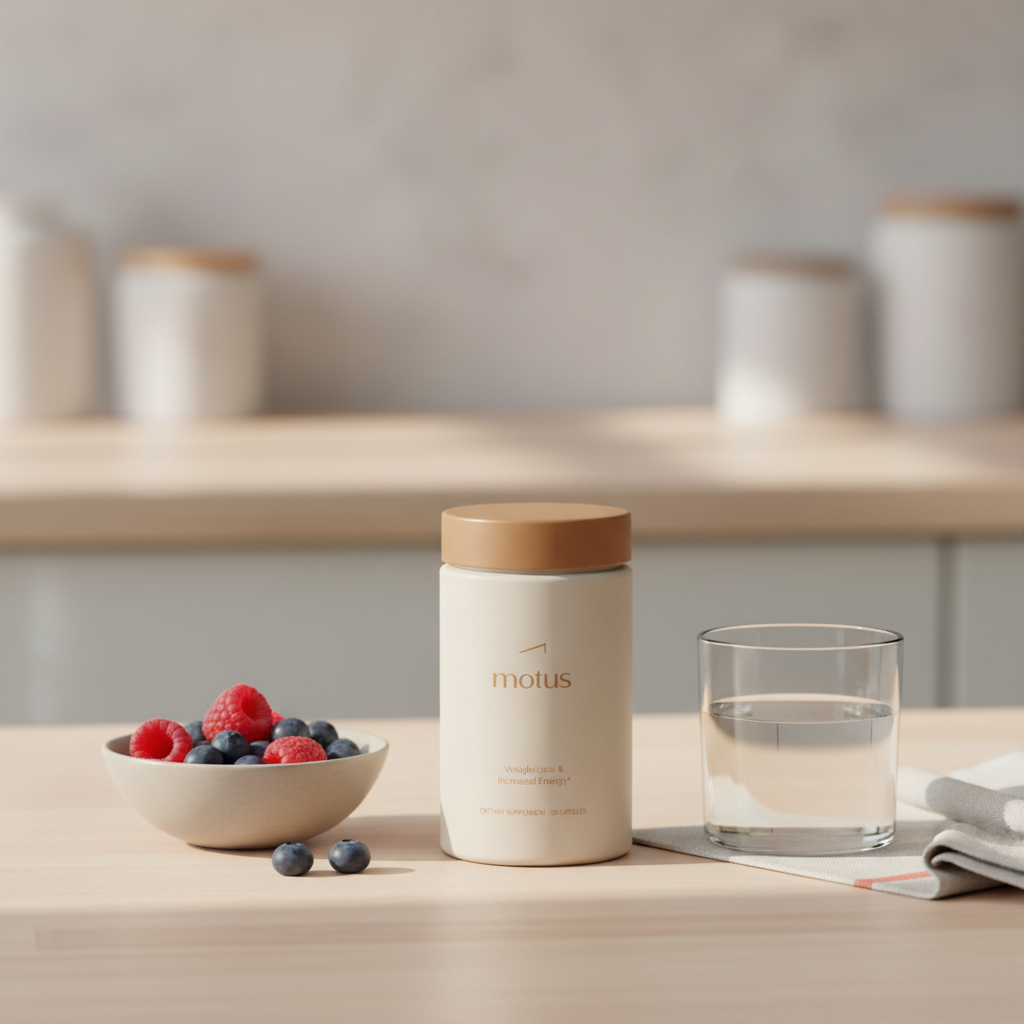 Motus supplement jar beside a bowl of berries and a glass of water on a wooden kitchen counter in a minimalist wellness scene for phentermine alternatives over the counter