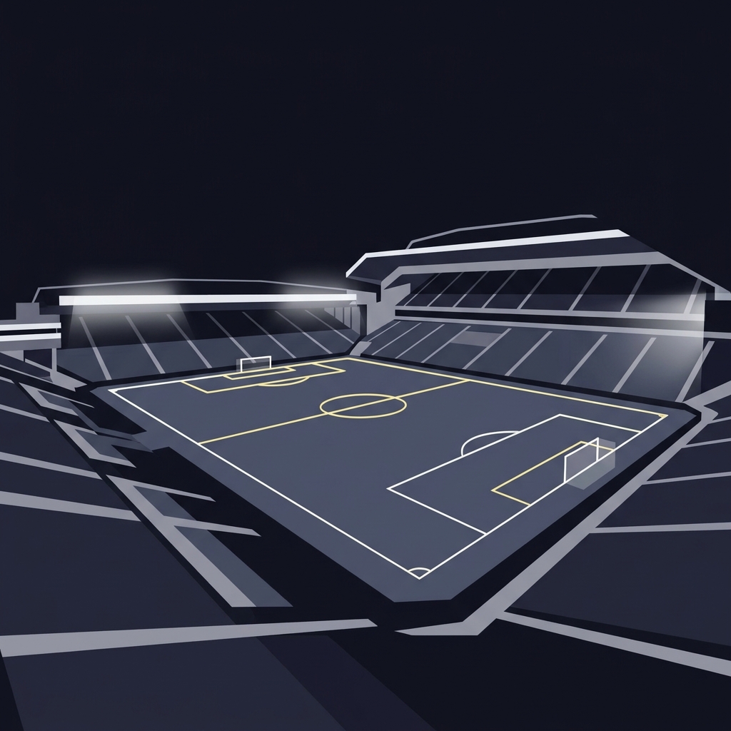 Minimalist 2D vector wide angle illustration of empty Anfield stadium on match day with clean geometric stands pitch and floodlights in Funded Plays brand colors bournemouth v nottingham forest prediction