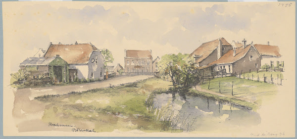 De buurtschap Overmeer vanuit de Hoostermeer de Meerweg gezien 1946
