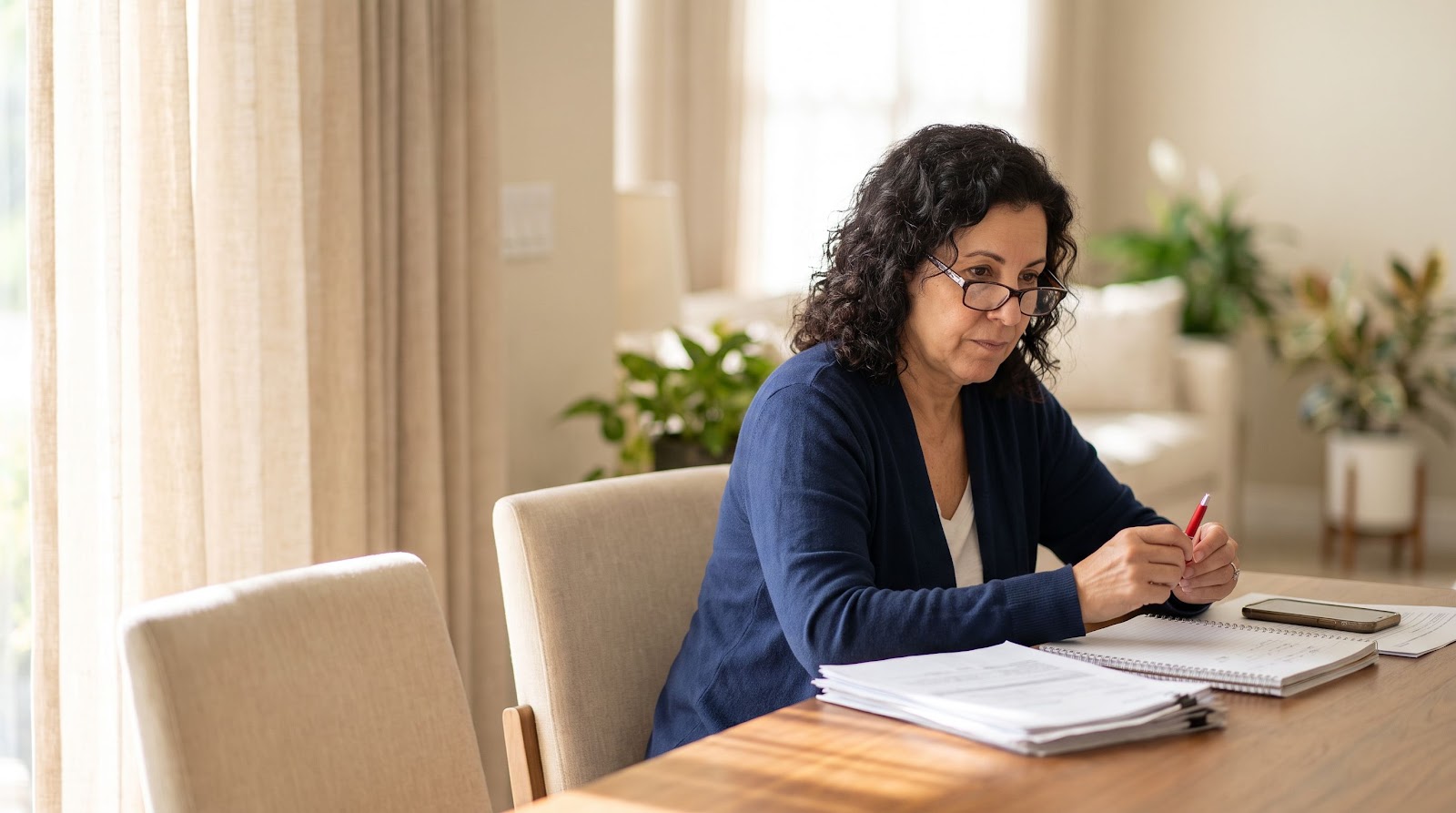 Woman preparing documents for florida no medical exam life insurance application at home